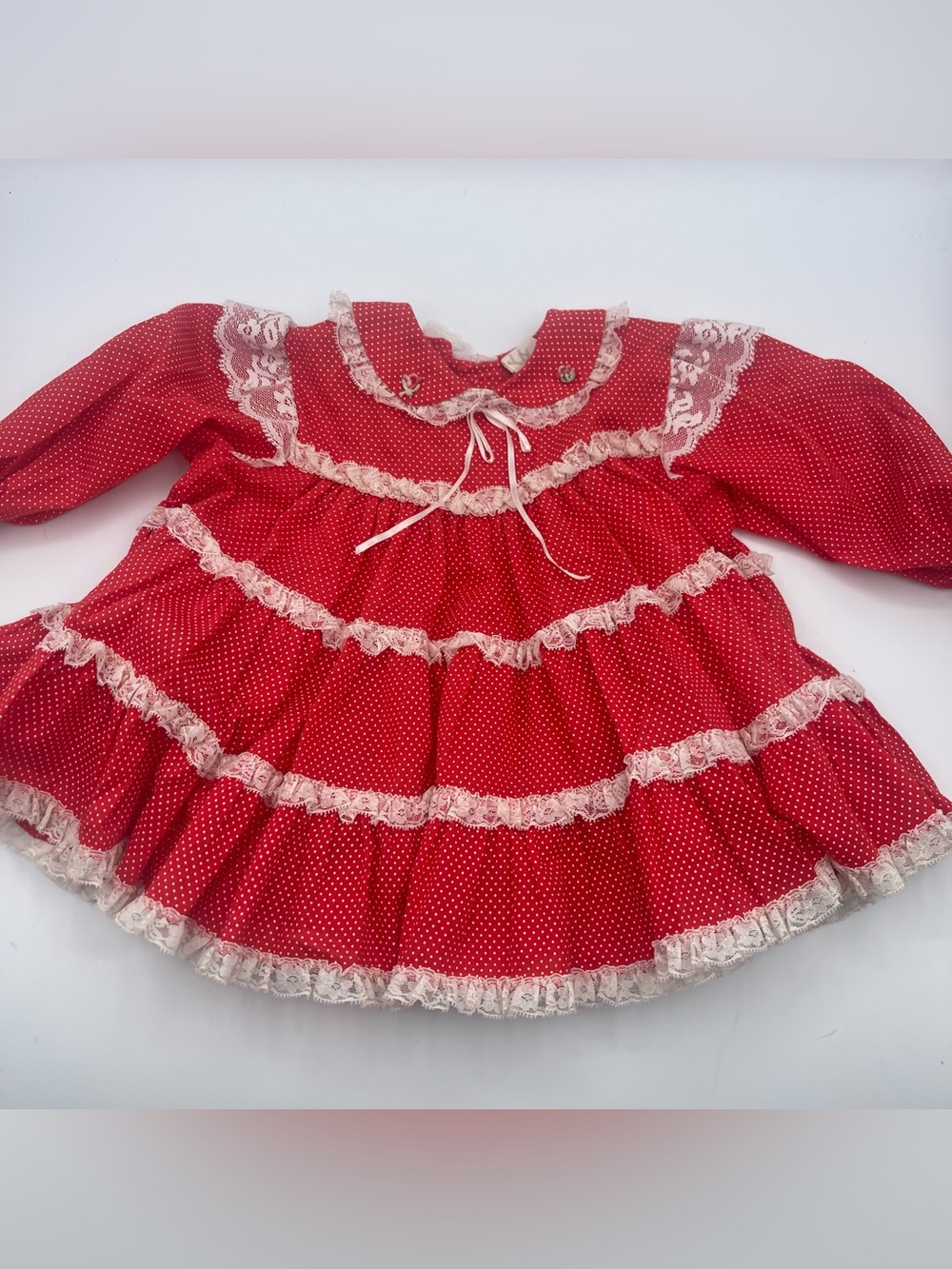 Vintage Bryan baby ruffle dress lace cotton made USA size 12 months red